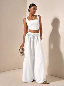 Zivah Nuevo conjunto informal de vacaciones de 2 piezas con top de tirantes de espiga y pantalones de pierna ancha con bolsillos, tela texturizada - Estilo B - Blanco - Ver 4