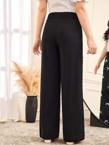 SHEIN Teen Girls' Loose Fit Color Blocking Bowknot Decor Straight Wide Leg Pants, Black - Black - View 2