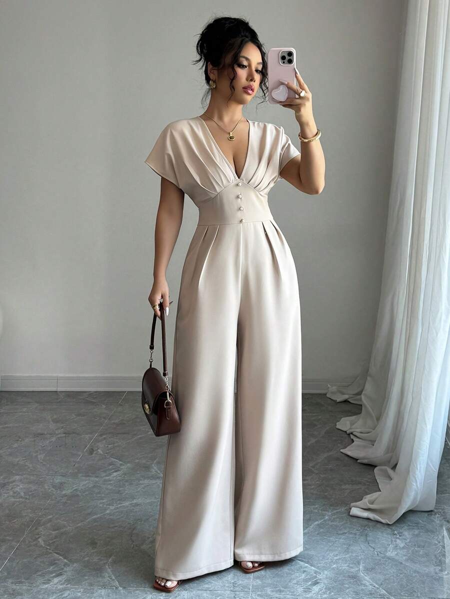 Rafferiza Women's Deep V-Neck Ruched Elegant Wide Leg Solid Color Jumpsuit - Apricot - View 1