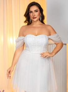 SHEIN Belle Plus Size Elegant Minimalist Romantic White Off Shoulder Studded Pearl Tulle Ball Gown, Bridal Shower Gift Dress, For Bride - White - View 5