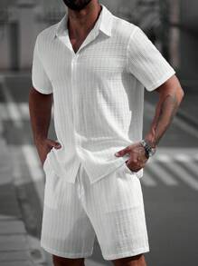 Manfinity Homme 2 件男士纯色短袖单排扣衬衫和短裤套装，休闲男士夏季服装男士衬衫套装男士衣服男士衬衫套装男士短裤套装男士衬衫套装