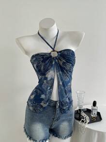 Elamini Women's Casual Blue Cashew Floral Print Halter Neck Camisole For Spring/Summer