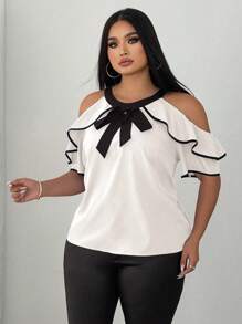 Elenzga Elegante Kurzarmbluse mit Kontrastbesatz für Damen, Cut Out - Weiss - Übersicht 3