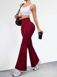 SHEIN Sports Minimalist Fashion Casual Everyday Wine Red Seamless Sports Flared Pants
