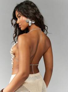 MISSGUIDED Shell Bead Chain Halter Bralette Festival Boho Beach Summer Crop Top Handmade Seashell Crochet Beachwear Resort Wear Vacation Tropical - Multicolor - View 5