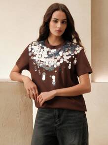 Anewsta Women's Round Neck Short Sleeve Regular Length Elegant Sequin T-Shirt, Spring Summer For Women