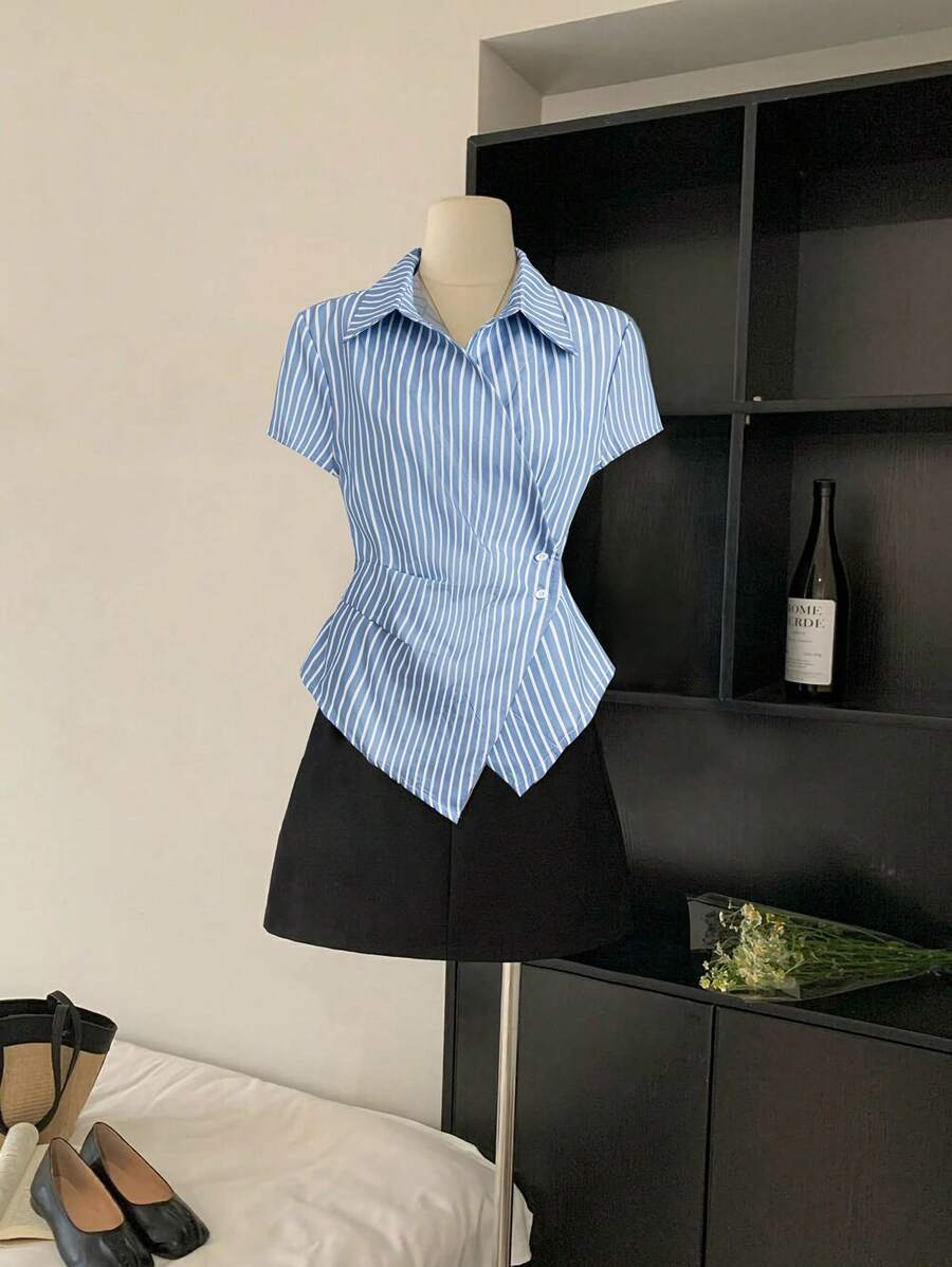 Chiquease Camicetta donna asimmetrica con vita stretta, a righe, con maniche lunghe e corte, camicia elegante con collo, adatta per la primavera/estate