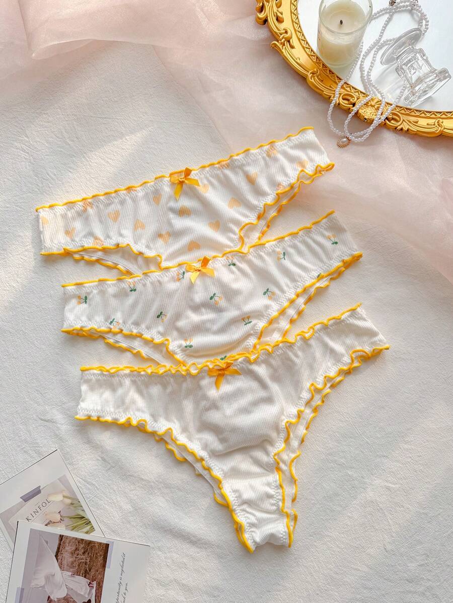 SHEIN 3件套女士荷叶边蝴蝶结装饰比基尼内裤套装 - 彩色 - 查看 1