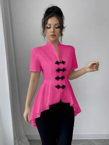 Elenzga 女式 2024 年新款休闲衬衫，正面有手工纽扣，下摆不对称 - 玫紅色 - 查看 7