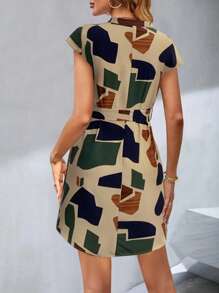 Breezaya 女式休闲拼色印花镂空领口连衣裙，夏季