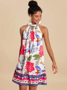 Travachic 女士花卉印花露背宽松休闲连衣裙，适合夏季度假 - 藍色 - 查看 4