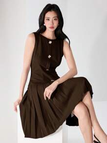 Heiryn 女式夏季优雅办公室纽扣装饰褶边连衣裙 - 咖啡 - 查看 3