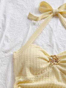 Soleia Canotta da donna con scollo a V, decorazione floreale e fibbia metallica, chiusura sul retro, aderente, tessuto strutturato, adatta per vacanza, appuntamento, tè pomeridiano, vacanza, festival musicali, stile bohémien, matrimonio all'aperto, primavera/estate