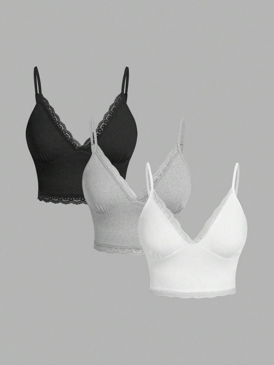 SHEIN EZwear 3件套女士V领蕾丝花边吊带背心，夏季 - 彩色 - 查看 1