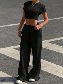 SHEIN EZwear Women 2Pcs Set Solid Color Round Neck Short Sleeve Cropped T-Shirt And Pants, Casual - Black - View 7