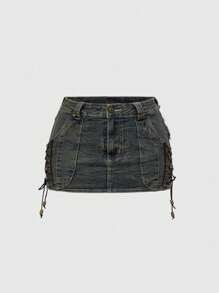 ROMWE Grunge Punk Minifalda ceñida con bolsillos, diseño de cintura con lazo y acabado esponjoso (con ropa interior incluida) en estilo retro Y2K