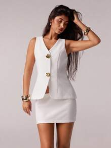 SHEIN Forever 21 Áo thun nữ cổ chữ V không tay cài nút kim loại thời trang mùa hè mới - trắng - Xem 4