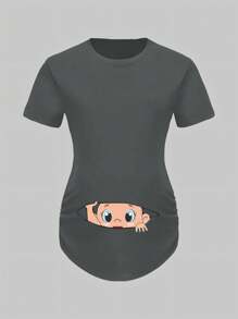 SHEIN Maternity Cartoon Print Crew Neck Short Sleeve Casual T-Shirt - Grey - View 1