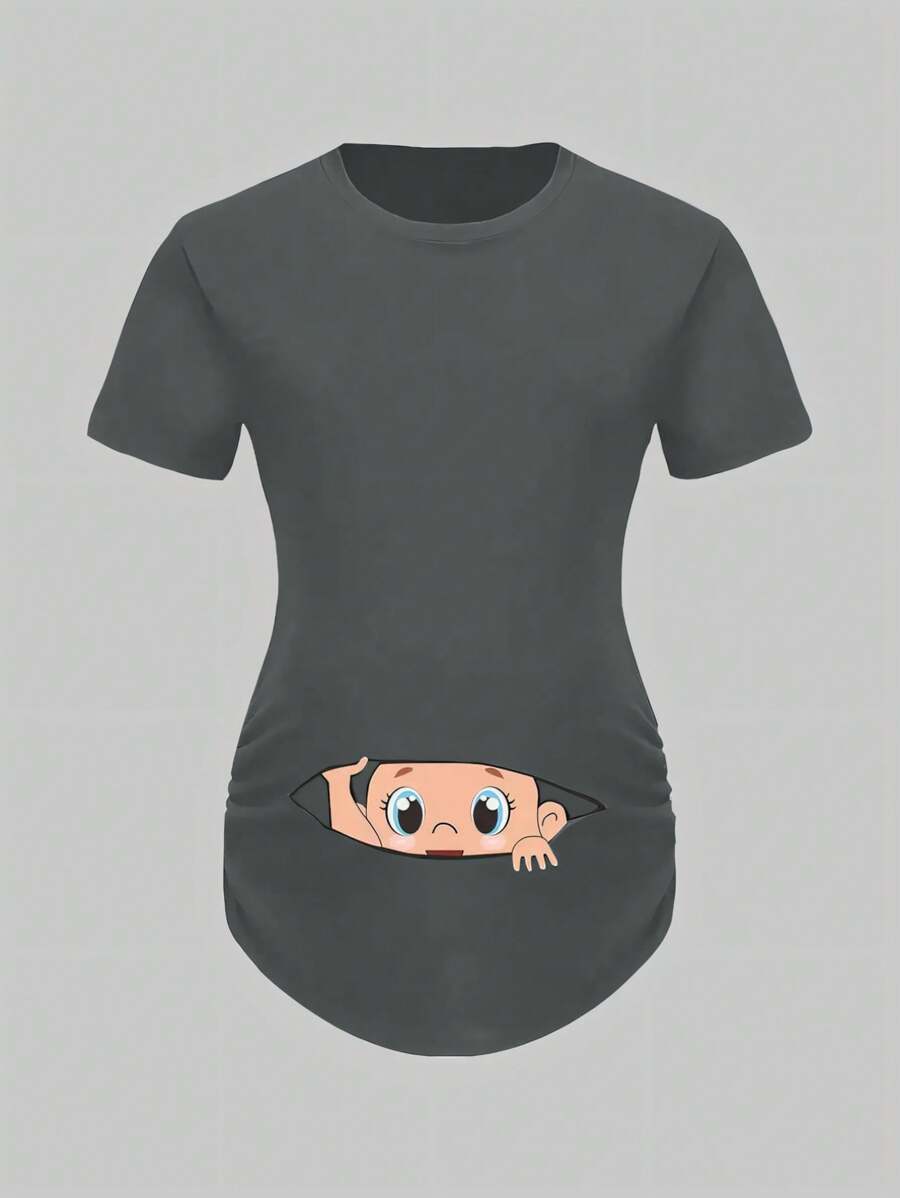 SHEIN Maternity Cartoon Print Crew Neck Short Sleeve Casual T-Shirt - Grey - View 1
