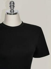 SHEIN ICON Plus Size Women Solid Color Short Sleeve Chinese Dragon Net Mesh Backless Y2K Going Out Fall Graphics Woman Black T-Shirt Goth Goth - Black - View 6