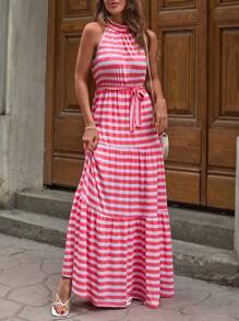 EURMUSE 度假风格，挂脖条纹分层长裙