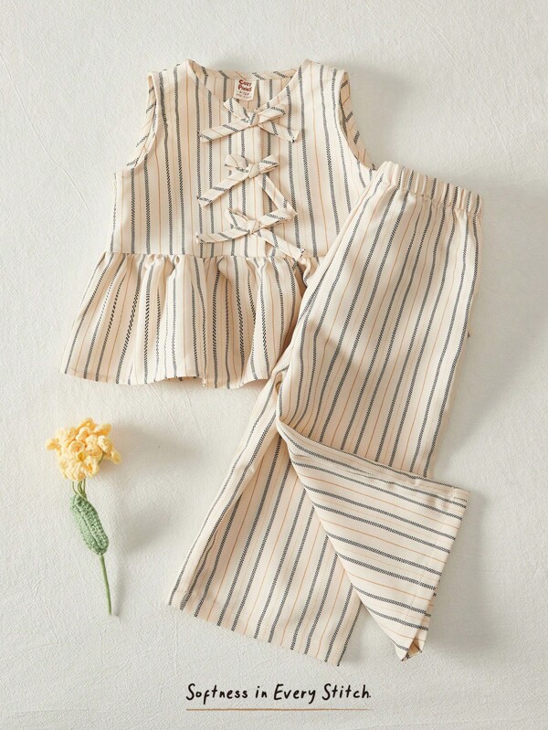 Cozy Pixies Baby Girl Colorful Striped Crew Neck Sleeveless Cardigan Top And Elastic Waist Shorts 2Pc Set