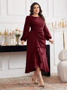Modelyn Plus Size Women Solid Color Crew Neck Lantern Sleeve Pleated Ruffle Hem Elegant Midi Dress - Burgundy - View 4