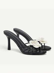 CUCCOO CHICEST 女士夏季新款山茶花圆头细高跟鞋优雅浪漫黑白撞色仿皮凉鞋，派对约会时尚度假风格