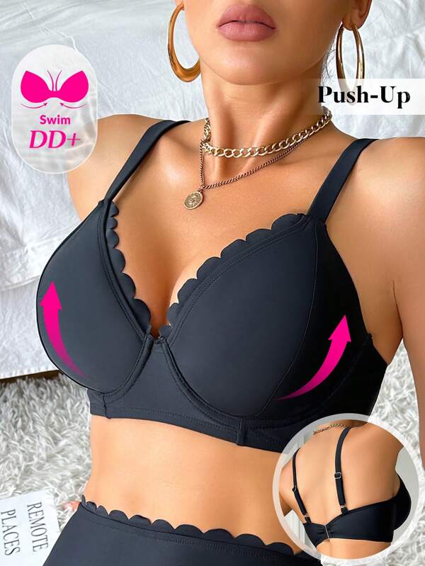 Swim DD+ Parte superior de bikini de talla grande DD+ de color sólido para mujer, ropa de playa, primavera/verano 2025