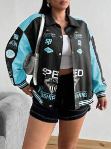 POPSWAY Plus Size Women Street Style Contrast Color Letter Print Drop Shoulder Jacket - Teal Blue - View 4