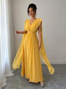 Elenzga Vestido elegante de cuello en V sólido con cintura ceñida, para verano