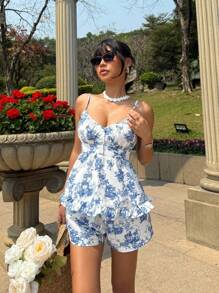 SHEIN EZwear 女式花卉印花荷叶边下摆吊带背心，度假风格 - 彩色 - 查看 1
