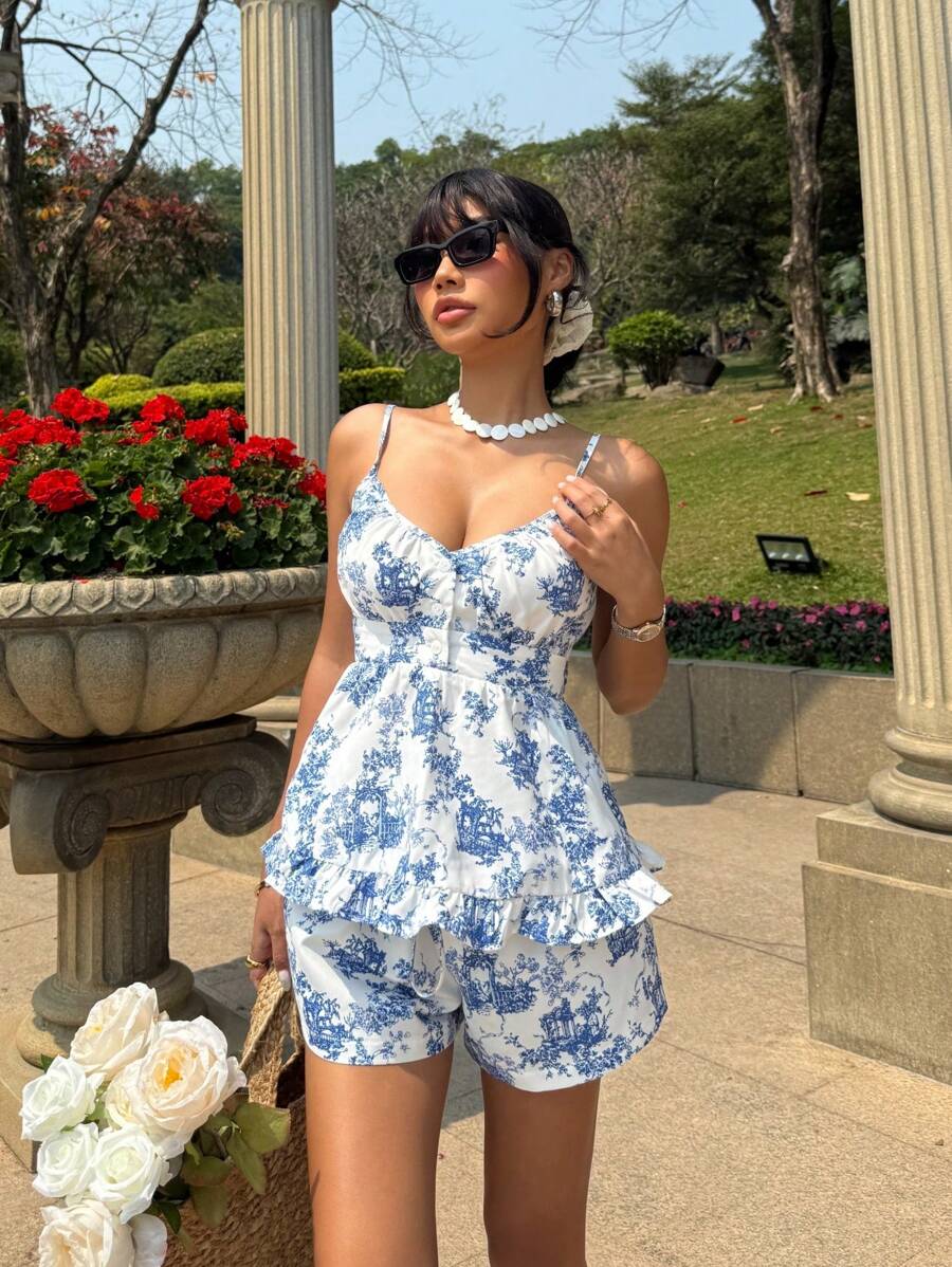 SHEIN EZwear 女式花卉印花荷叶边下摆吊带背心,度假风格 - 彩色 - 查看 1
