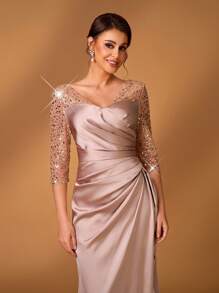 Serin Summer Elegant Romantic Gorgeous Champagne Color Sequins Embroidery Stitching Satin V-Neck Three-Quarter Sleeves Pleated Micro Fishtail Hem Stitching Asymmetrical Lotus Leaf Patch Suitable For Dinner Bachelorette Party Date Holiday Dance Music Festival Wedding Event Bride Mother Dress