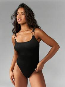 MISSGUIDED Crinkle Textured One Piece Swimsuit Adjustable Metal Ring Straps Ribbed High Cut Athletic Beach Vacation Pool Summer Essential Brazilian Cut - Brown - View 1