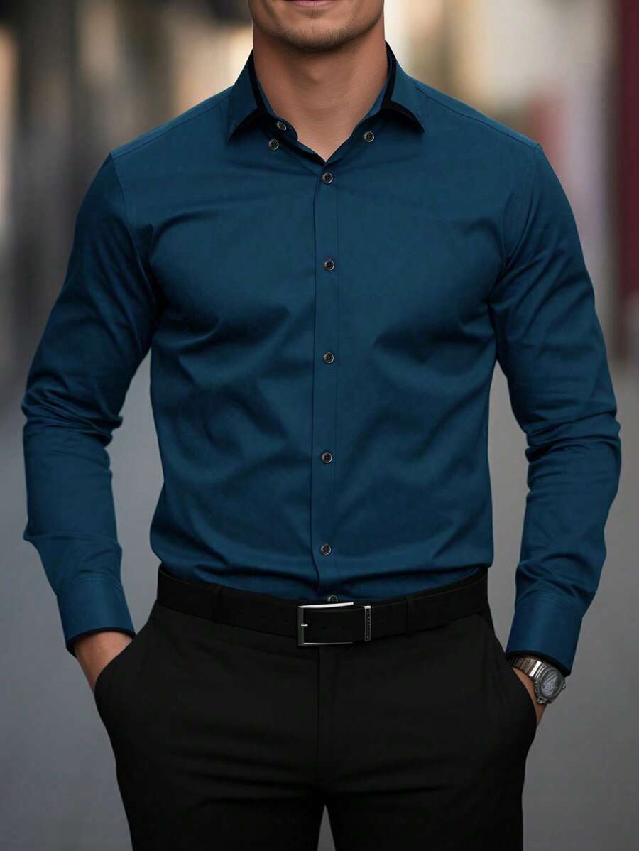 Manfinity Mode 1pc Men's Classic Solid Color Long Sleeve Business Shirt, Suitable For Summer, For Fall - Teal Blue - View 1