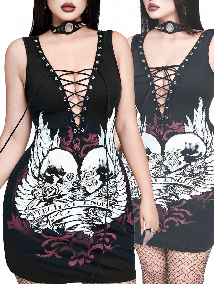 Whyspr Váy Punk Rave Gothic Punk cỡ lớn thường ngày dành cho nữ - màu đen - Xem 1