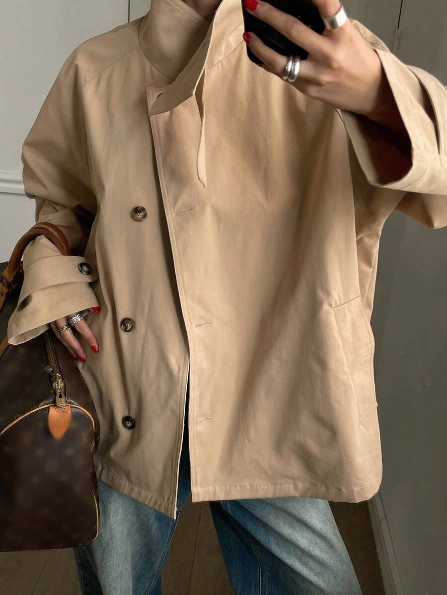 DAZY Áo khoác gió tay dài cài khuy đơn màu trơn cho nữ, Quần áo mùa thu cho nữ Áo khoác nữ - Màu Khaki - Xem 1