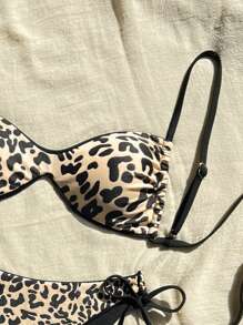 Swim Vcay Leopard Print V-Neck Sleeveless Sexy Regular Fit One Piece Spaghetti Strap Bikini Set With Side Tie Tankini Swim Bottom Spaghetti Strap Bikini Set, All-Season For Summer Beach Vacation