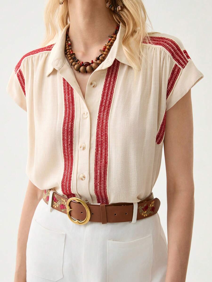 Florisole Women's Elegant Commuter Casual Bohemian Ruffle Patchwork Blouse - Apricot - View 1
