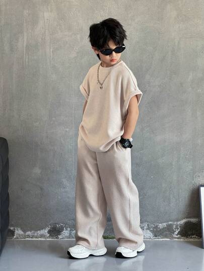 SHEIN Tween Boy 休闲韩版宽松杏色拼色背心长裤套装，适合通勤、上学、日常休闲、运动，适合春夏季，适合度假