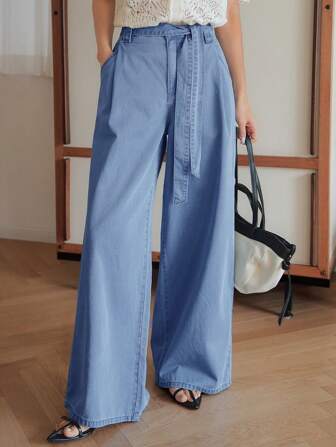 Dazy-Less Women's Casual Waist Belt Tie Up Drawstring Loose Straight Leg Raw Washed Denim Jeans, Suitable For Summer & Spring