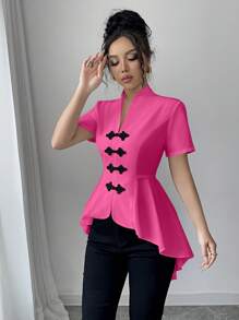 Elenzga 女式 2024 年新款休闲衬衫，正面有手工纽扣，下摆不对称 - 玫紅色 - 查看 3