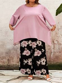 SHEIN CURVE+ Two Pieces Set Of Plus Size Women's Casual Pink Floral Pattern Printed Seven Quarter Sleeves Long Pants, Curve Plus, Boho Vacation Beach Outfits For Woman/Beach /Beach Vacation Outfits/Beach Essentials / Graduation/Tea Party  - Pink - View 6