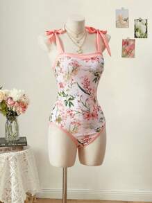SHEIN MOD Costume da bagno a una pieza casual da donna con stampa floreale a maglia, con spalline e dettagli con nodo