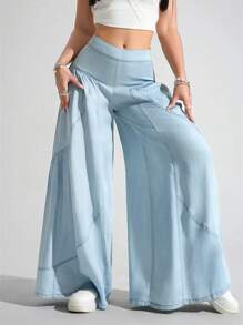 Jeanoix Women's Solid Color Pleated Wide Leg Loose Casual Pants, Versatile Fall Cloth For Women - Light Wash - View 5