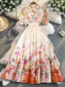 Celure 大码雪纺连衣裙，无弹性，花卉印花短袖，袖口带纽扣，衬里防透视，休闲浪漫优雅度假风格 - 彩色 - 查看 9