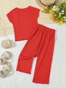 SHEIN 2pcs/Set Girl Solid Round Neck Short Sleeve T-Shirt And Pants Casual Outfit, School, Campus, College Summer Holiday - Red - View 2