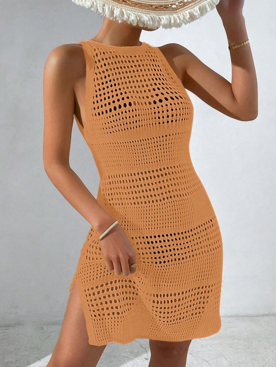 Breezaya Solid Color Hollow Out Backless Sleeveless Cover Up Beach Dress For Summer Beach Vacation - Yellow - View 1