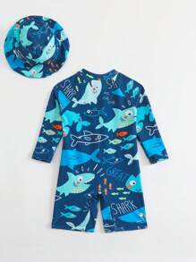 SHEIN Toddler Boys' Swimwear, Adorable Cartoon Print Long Sleeve One-Piece With Sun Hat, Suitable For Summer Vacation, Beach, Surfing, Water Park